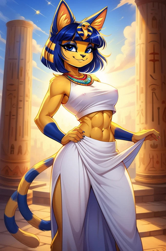 a sexy ankha with abs and a bare midriff wearing a crop top white dress with long white dress skirt, yellow cat, digital art, one cat tail, digital art, blue eyes, furry style, smiling