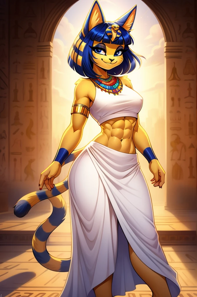 a sexy ankha with abs and a bare midriff wearing a crop top white dress with long white dress skirt, yellow cat, digital art, one cat tail, digital art, blue eyes, furry style, smiling