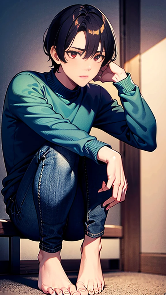 The person is also generated vertically.Background is a little horror.Create a highly detailed image of a mysterious and thoughtful young man in a crouched position. The character should have spiky black hair, large expressive eyes with dark circles, and a pale complexion. He is dressed in a loose-fitting white long-sleeve shirt and dark blue jeans. His pose is distinctive, with one hand near his mouth and the other resting on the ground for balance, and he is barefoot. 