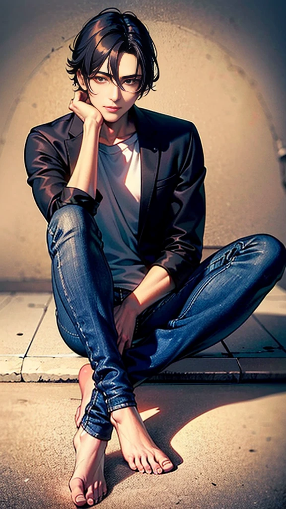 The person is also generated vertically.Background is a little horror.Create a highly detailed image of a mysterious and thoughtful young man in a crouched position. The character should have spiky black hair, large expressive eyes with dark circles, and a pale complexion. He is dressed in a loose-fitting white long-sleeve shirt and dark blue jeans. His pose is distinctive, with one hand near his mouth and the other resting on the ground for balance, and he is barefoot. 
