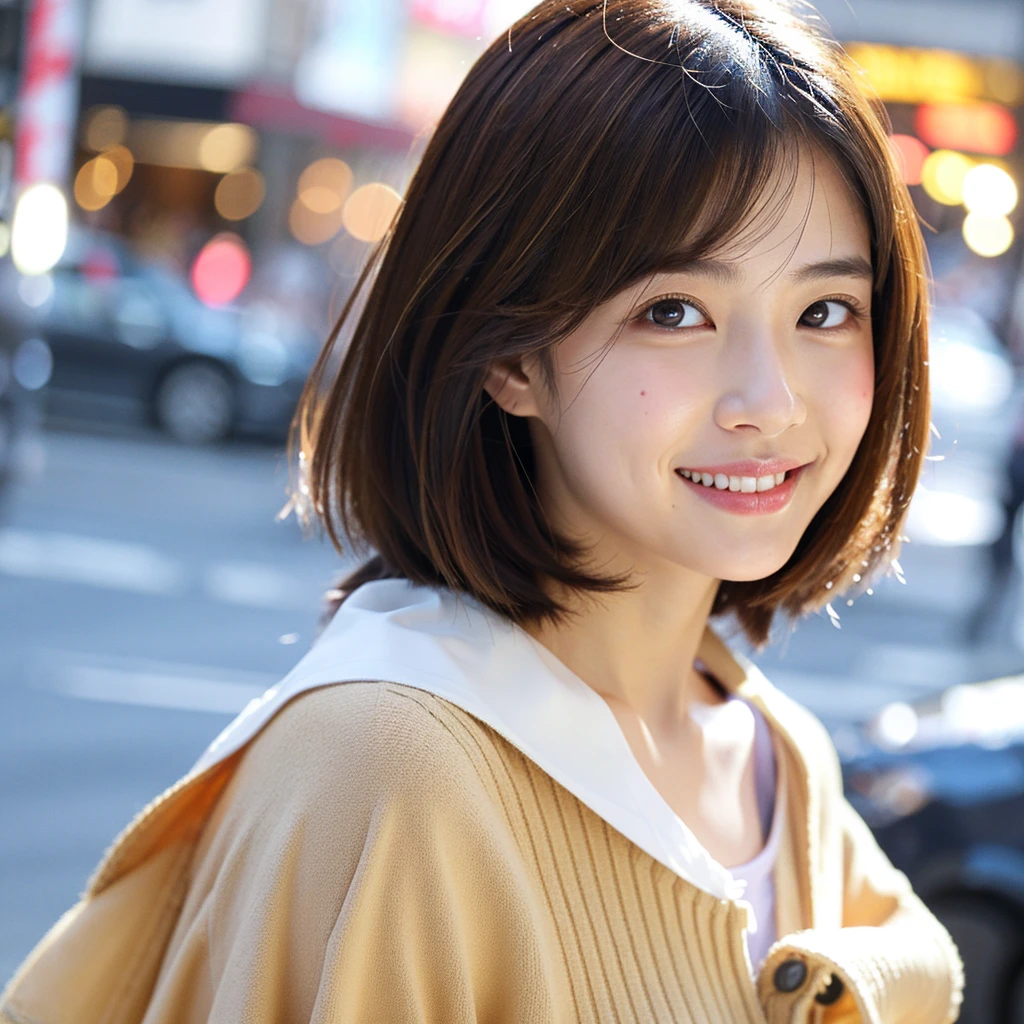 raw photo,Cute 21 year old Japanese、city、shopping、Highly detailed face、Pay attention to the details、double eyelid、Beautiful thin nose、Sharp focus:1.2、Beautiful woman:1.4、(Light brown hair,short hair、),Pure white skin、Highest quality、masterpiece、Ultra-high resolution、(Realistic:1.4)、Highly detailed and professional lighting、nice smile、Please show me your whole body、Cute Spring Clothes、