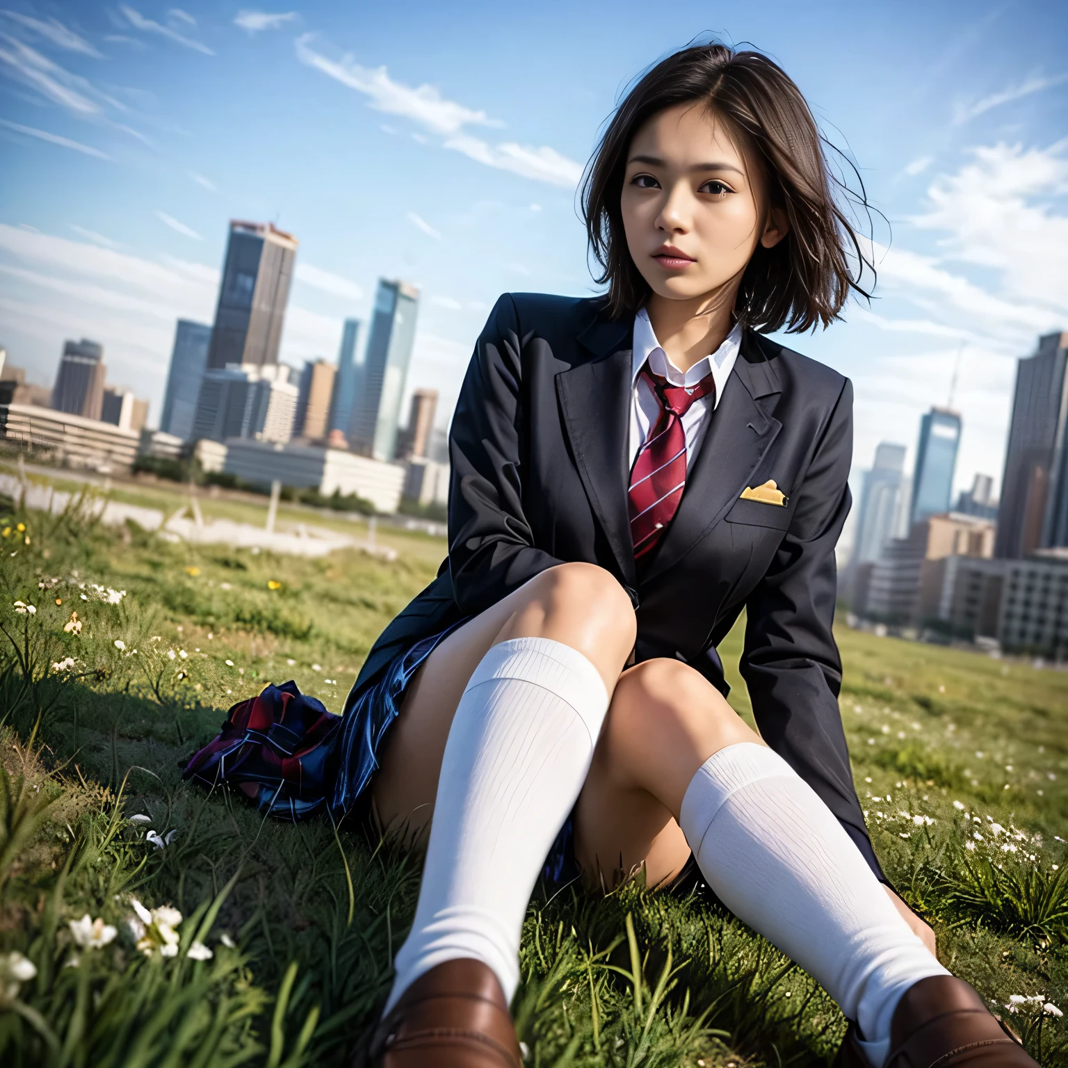 (1. woman:1.37), (Highest quality, 4K, 8K, High resolution, masterpiece:1.2), Super detailed, (Realistic, photoRealistic, photo超Realistic:1.4), Professional Photography：David Dubnitsky, Natural light, Portraiture, Beautiful young Japan girl, , wear ((Light Brown Blazer, Red tie, White button-up shirt, White socks, loafers, High School Uniform: 1.4)), Very low neckline, (Exposing her breasts), Captivating look, Soft glow, Elegant beauty, Perfect detailed facial features, fine blue-gray eyes, Sexy pose, Delicate skin texture, Flowing, messy hair, short hair, Amorous expression, Sexy posture, clavicle, Naturally sagging breasts, Raise your knees, lying back with Sexy pose, With legs apart, (Grassland with skyline:1.4), Subtle Shadows, Sunlight and clouds background, Shallow depth of field, Skyscrapers in the distance, Foggy and green atmosphere, Artistic photography, (close:1.2), (View from below:1.4), Photon Mapping, Zoom in