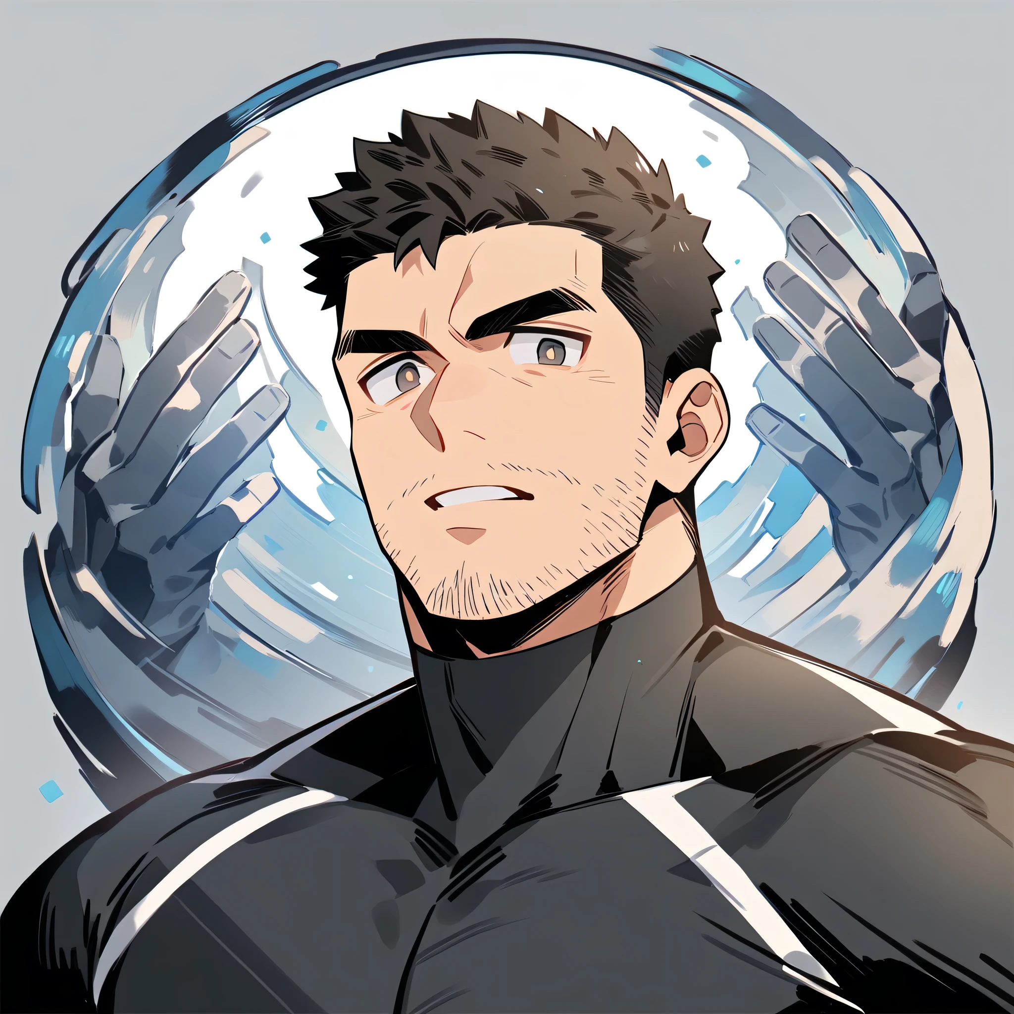 anime characters：Chris Redfield, Muscle Sports Student, Buzz Cut, Manliness, male focus, Dark black high collar long sleeve tight T-shirt, Slightly transparent material, Very tight, Round, full and perky chest muscles, muscular male, muscular, only, Upper body, alone, Black short hair, Thick eyebrows, stubble, Brown-red pupils, Grey background, simple background, amazing quality, best aesthetics, Ridiculous, crew cut, parted lips, v-shaped eyebrows, jitome, best quality