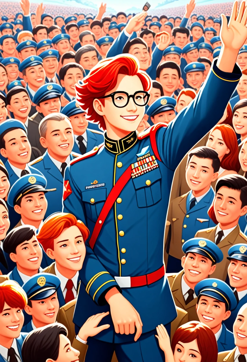 display propaganda, depicting a 20-year-old man with red hair wearing glasses. He wears a general’s uniform and looks straight ahead with a proud look. Last he fighter planes fly leaving a white drag. A crowd of happy people looks at the man with admiration. The background of the poster is three different colors, to the left of the background of the poster the color is yellow, in the middle white and right red. [Propaganda poster] [Red-haired man] [Crowd of happy people]