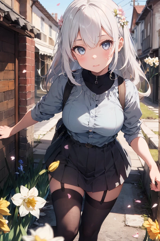 1girl, beautiful detailed eyes, long white hair, light grey eyes, , high white stocking, vivid, flower, daffodil, hyacinth, falling petals, , high contrast, ((masterpiece, best quality)), cinematic light, cinematic composition