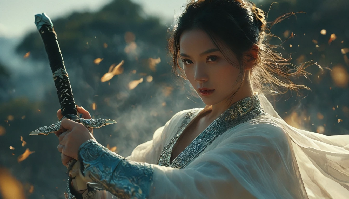 upperbody Photography of female swordman,looking at the camera, atomically correct,Raw, cinematic shot, (sharp focus:1.5), (photorealistic:1.4), twilight lighting, volumetric lighting, ultra high res, 16K,dramatic lighting, abstract backgrounds:1.5),Glowing sword,(Fighting posture),Hold the hilt of a sword in your hand,1sword,solo,perfect fingers,(zentangle,datura,Tangles,entangled:0.7) , depth of field, Fantastical Atmosphere, The most beautiful form of chaos, ellegance, Dark theme of Fauvist design, Flower of Death, Flowers of ecstasy,Glowing Line,Glow Example,Tracking example,flash, Backlight,translucent,light particles,jade,xianxia