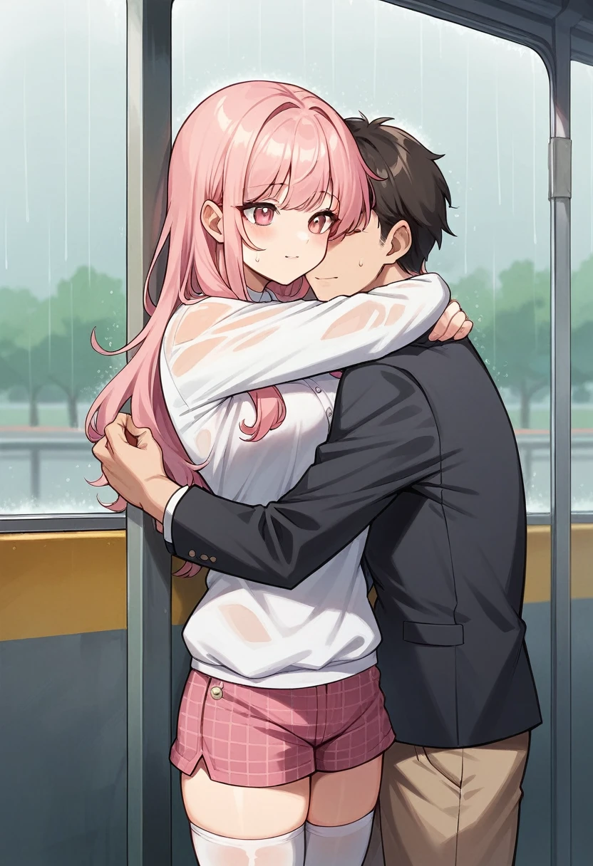 anime girl with long hair in a gradient color from light blue to light pink. and wearing a daisy crown. her face is very cute like a with pink eyes. she wears a white shirt with a pink ribbon on the top of her shirt and she wears pink plaid shorts and wears white stockings. her face is so sweet, her skin is FFFCD which is buttermilk. she is hugging an anime guy in a black suit while the atmosphere is raining, they are under a bus stop waiting for the bus, snuggling in the warmth of the hug happily