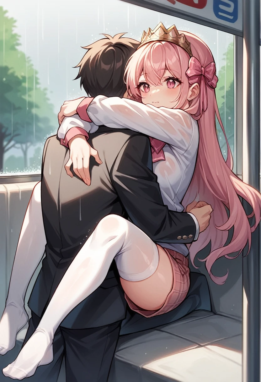 anime girl with long hair in a gradient color from light blue to light pink. and wearing a daisy crown. her face is very cute like a with pink eyes. she wears a white shirt with a pink ribbon on the top of her shirt and she wears pink plaid shorts and wears white stockings. her face is so sweet, her skin is FFFCD which is buttermilk. she is hugging an anime guy in a black suit while the atmosphere is raining, they are under a bus stop waiting for the bus, snuggling in the warmth of the hug happily