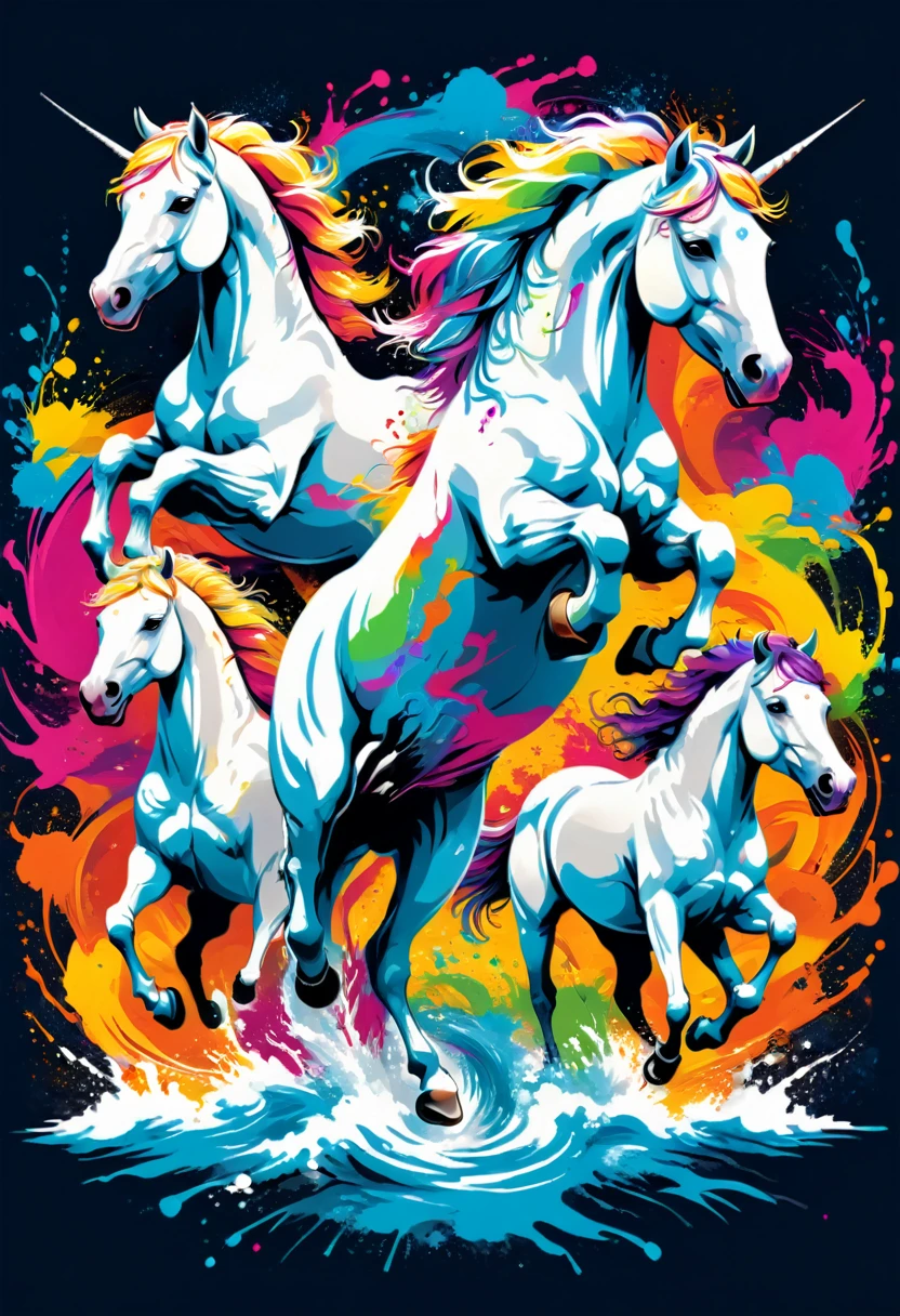 A t-shirt with vector art of a colorful illustration of jumping white horses, At the center, swirly vibrant colors, paint splashes and smears, high détail,Hawaii Background (artwork, best quality, proffesional, perfect composition, very aesthetic, absurdrez, super verbose, Intricate details:1.3)