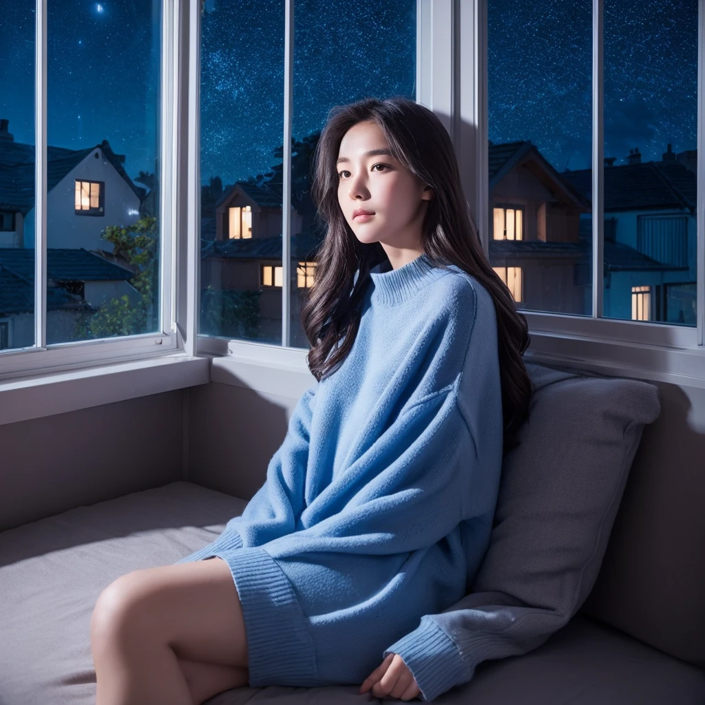 1 girl, comfy oversized sweater, side of window, two story house, night, moonlight, stars, beautiful, wind