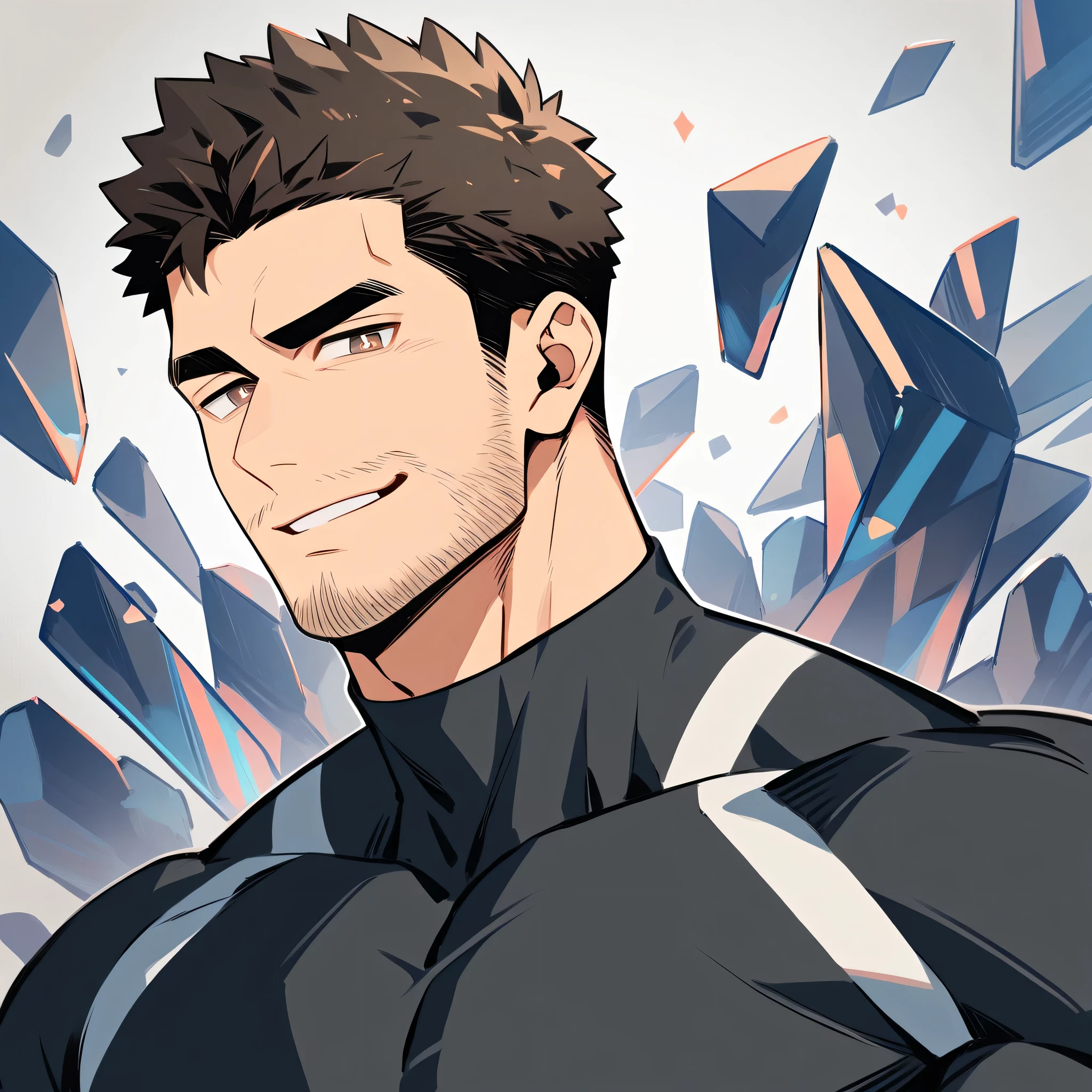 anime characters：Chris Redfield, Muscle Sports Student, Buzz Cut, Manliness, male focus, Dark black high collar long sleeve tight T-shirt, Slightly transparent material, Very tight, Round, full and perky chest muscles, muscular male, muscular, only, Upper body, alone, Black short hair, Thick eyebrows, stubble, Brown-red pupils, Grey background, simple background, amazing quality, best aesthetics, Ridiculous, crew cut, parted lips, raised eyebrow, seductive smile, naughty face, best quality