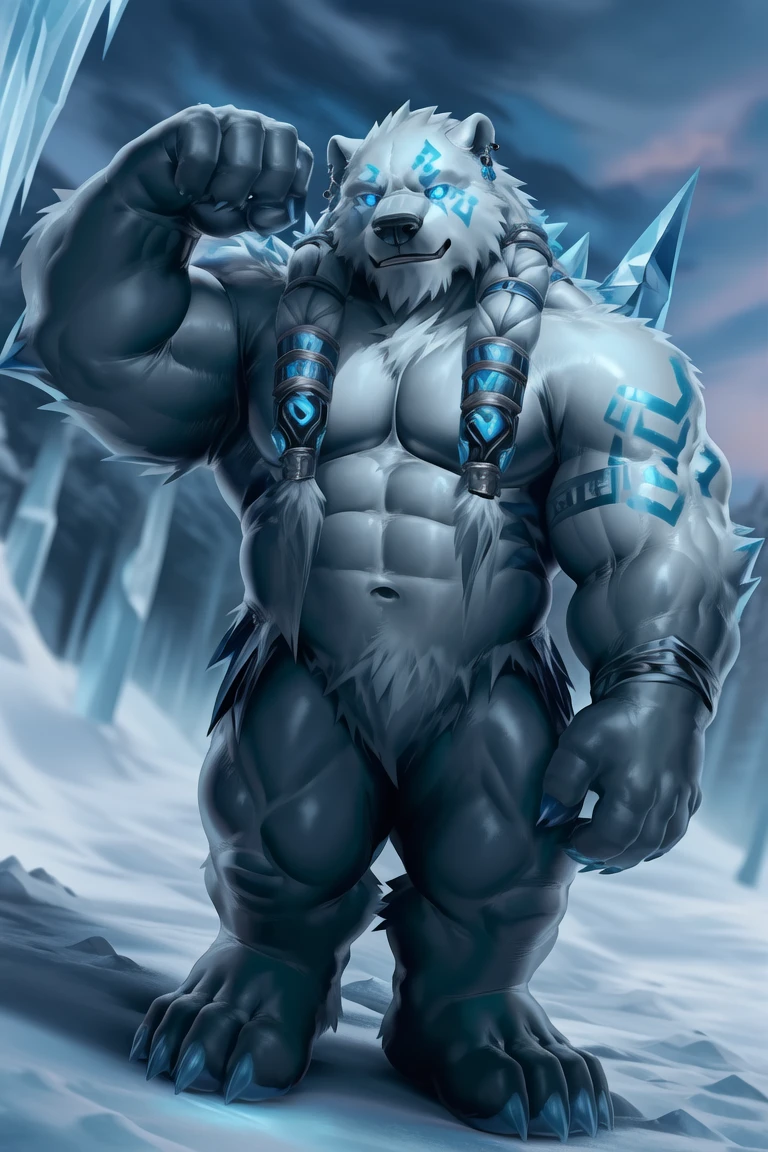 (Volibear/(League of Legends)), ((blue eyes, black sclera,glowing eyes,eye tattoo,arm tattoo,muscular, muscular male,abs, braided hair,hair accesory, glowing runes,ice spikes,ear ring, earrings)), (pose:1.3), (posing:1.3), (soft shading), 4k, hi res, five fingers, detailed hands, ((detailed face, (detailed eyes:1.3), detailed)), ((focus on full body)),show legs,show feet,(by takahirosi:1.5), solo, looking at viewer, 1boy, snow background with ice, navel, standing, full body, male focus,((topless,bottomless)), abs, biceps, flexing, smile,furry