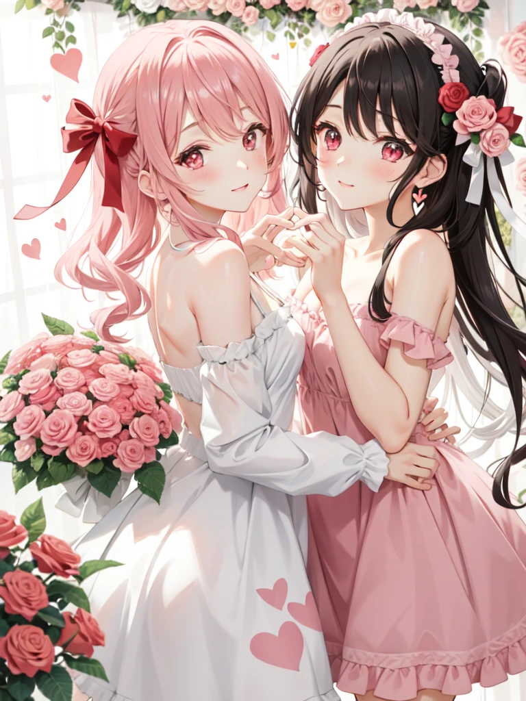 Romantic and whimsical, with hearts, roses, and shades of pink and red.