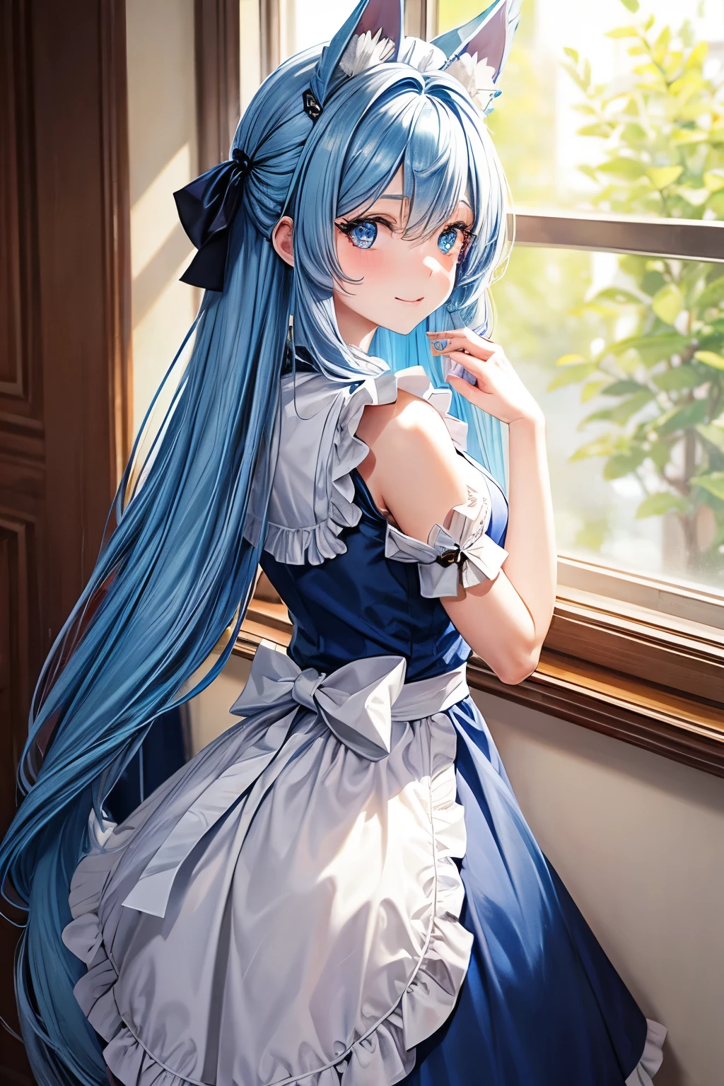 Long blue hair,Dog ears,blue eyes,Girl,Dog Tail,maid