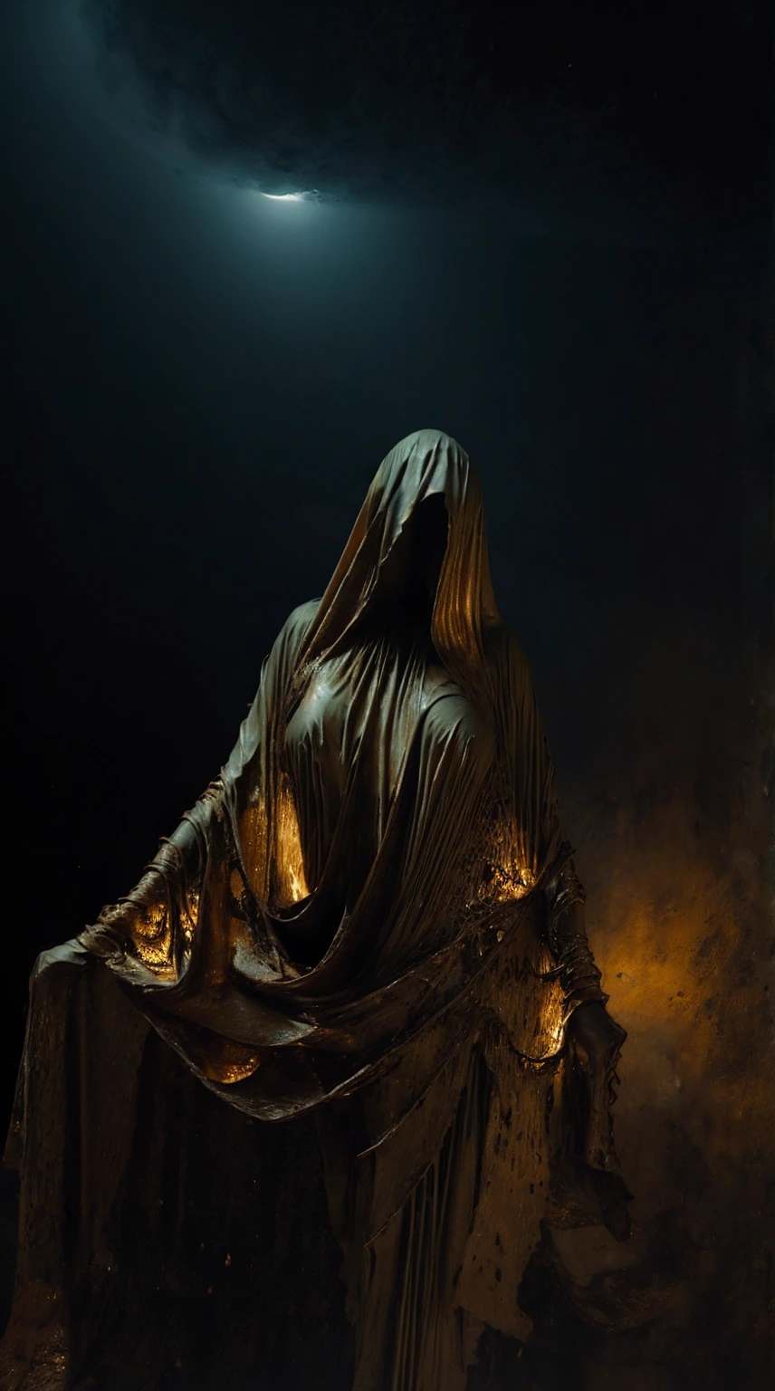 image of a very beautiful lady face enveloped in a liquid-like material, appears to be merging with the air around them, high contrast between the dark background and the bright, glowing texture of the material to give a feeling of emergence or transformation, monochrome shades to enhance the mysterious and intense atmosphere - red, black and gold, onyxia, metallic color palette g0s1