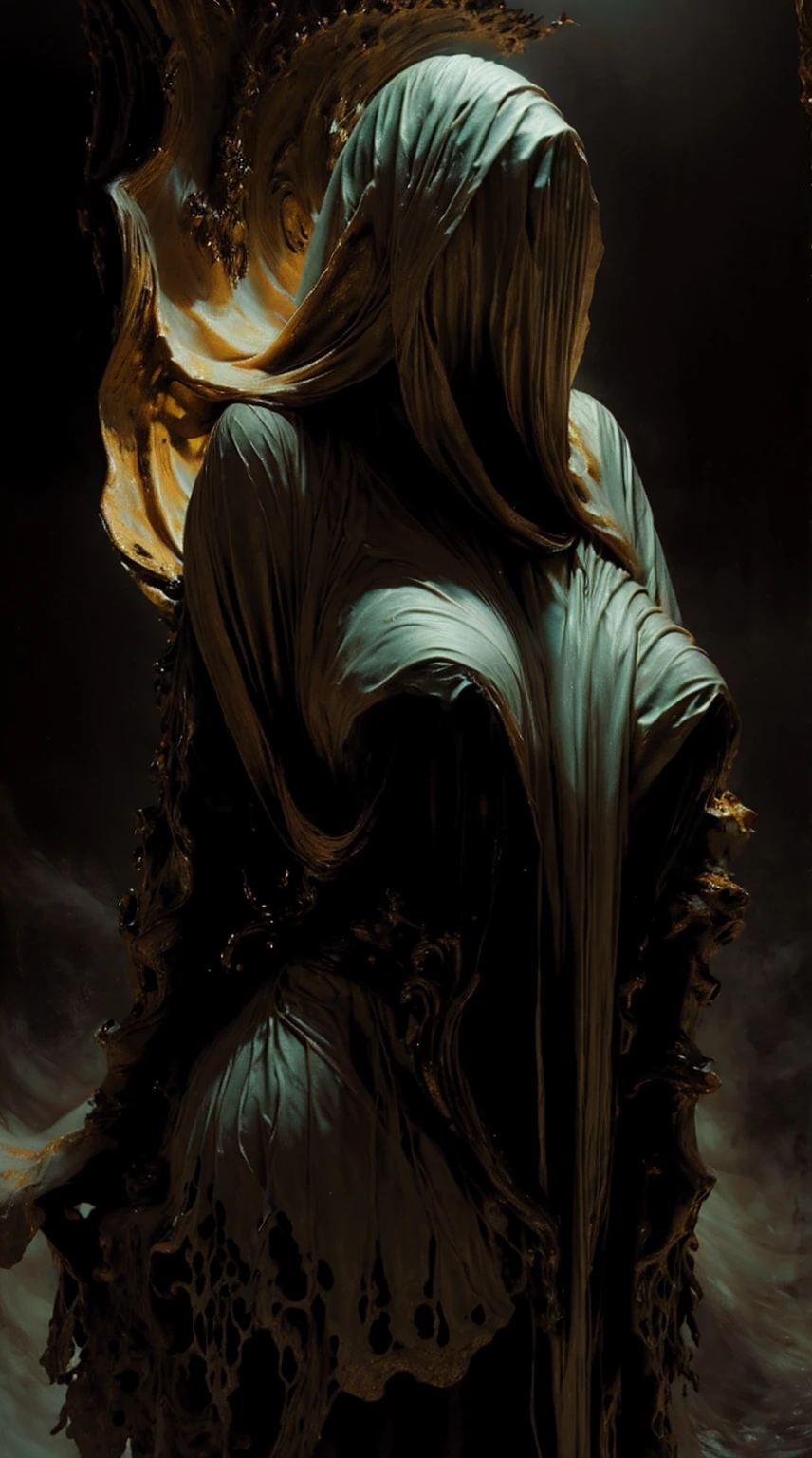 image of a very beautiful lady face enveloped in a liquid-like material, appears to be merging with the air around them, high contrast between the dark background and the bright, glowing texture of the material to give a feeling of emergence or transformation, monochrome shades to enhance the mysterious and intense atmosphere - red, black and gold, onyxia, metallic color palette g0s1