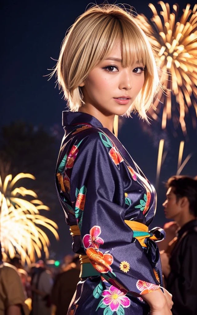 gyaru, dark-skinned, shiny oiled skin, blond hair, short cut hair, wearing vivid yukata, standing in crowd, dark-night, deep fog, orange lanthanum light, Fireworks Festival Venue, Fireworks in the background, cinematic lighting, from side