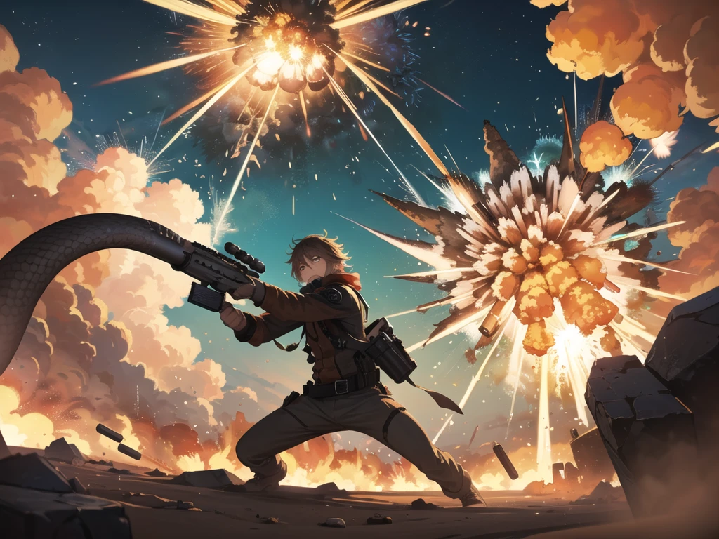 Masterpiece, best quality, Large snake, desert ,(explosion from gun:1.5) , (lots of smoke)
