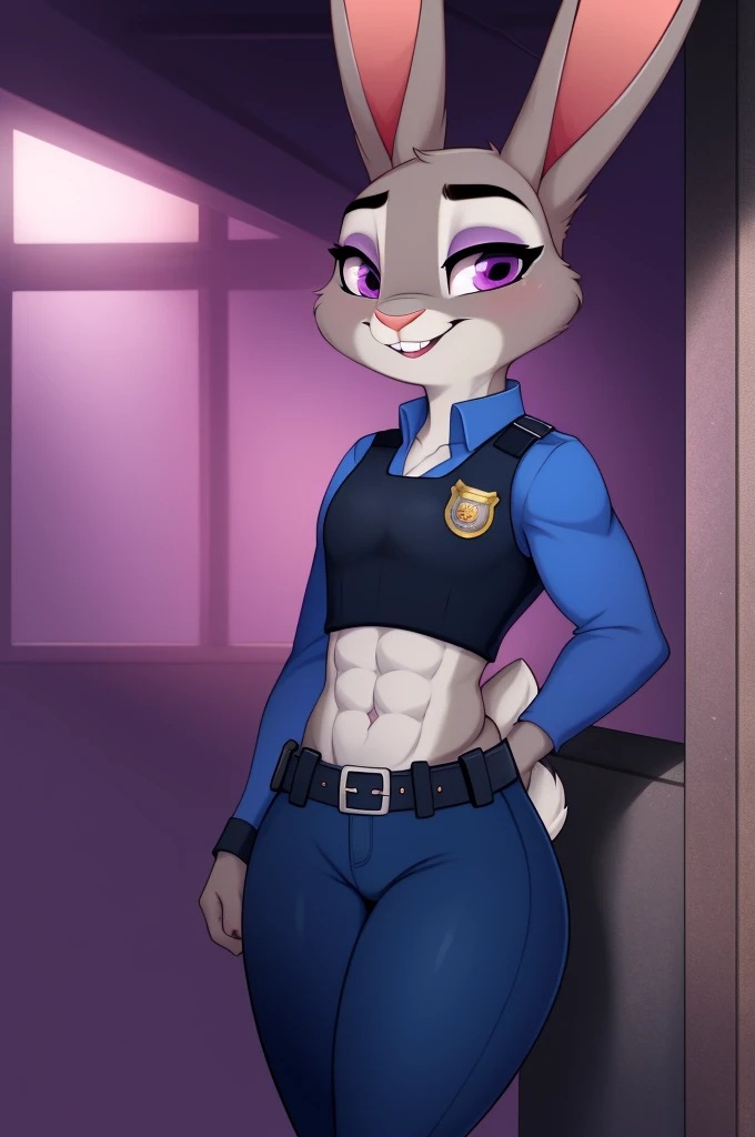 a sexy judy hopps with abs and a bare midriff wearing a crop top long sleeve police uniform with vest and police pants, digital art, bunny cottontail, digital art, purple eyes, striped handband, eyelashses, furry style, anthro style, smiling