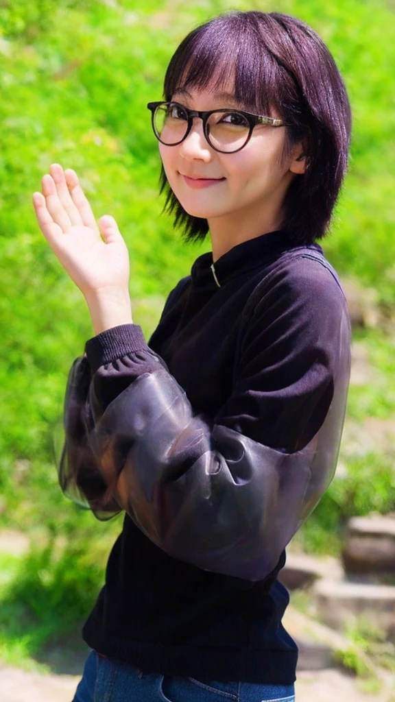 masterpiece,best quality,higher 1girl, solo, realistic, looking at viewer, black hair,glasses,simple background
,water jacket