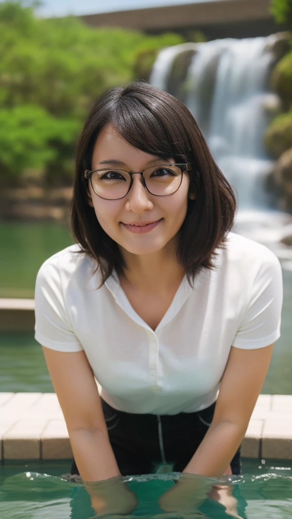 masterpiece,best quality,higher 1girl, solo, realistic, looking at viewer, black hair,glasses,simple background
,water jacket