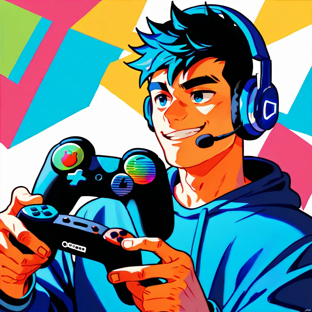 gamer young man, wearing headphones, with gamepad, with a playful and cheerful look, Character 3D Colorful, colors, UItra, 3D render, 16K, --q 5 --ar 7:4