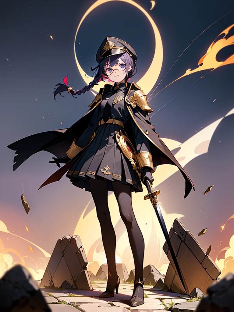 realisitic, City Deserted, Pile of rubble, Brick building, a one woman (18 years old, far away blackw hair, far away slits, Eyes red, glare eyes, 精致的面容, standing (In floor, feet shoulder-width apart), Lolita style military uniform (blackw base, blue Insert, golden decoration, volantes, wide sleeves, dainty and delicate detailing armors), blackw far away gloves (blackw, blue Insert, golden decoration, small hands, armors), blackw far away gloves, knee high boots (blackw, high-heels, red soles), ha (blackw, aba dourada, shield emblem, delicate details), arms in front, Front of belly, Holding military swords with both hands (blackw, golden decoration, delicate detail, Handle at the top, Ground-facing blade, in front of the body, far away), night sky (blackw, stele, Increased flames and smoke) Pale painting style, One Girl, super high quality, Super Detail, Super Detailed image, long hair, looking at viewer, skirt, shirt, hair ornament, violet eyes, gloves, round glasses, long sleeves, hat, closed mouth, jacket, violet hair, braid, open clothes, necktie, black gloves, black skirt, uniform, single braid, open jacket, black jacket, black headwear, 手链, peaked cap, black necktie, cropped jacket, military hat, pantyhose, Flat Chest, smile, Black Cape