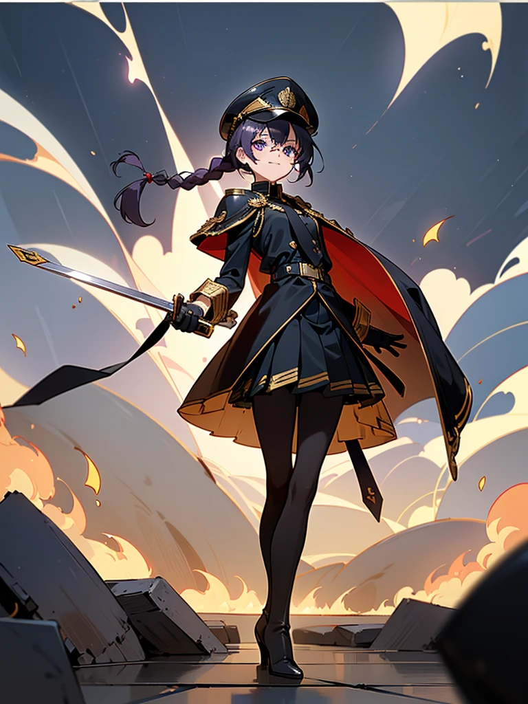 realisitic, City Deserted, Pile of rubble, Brick building, a one woman (18 years old, far away blackw hair, far away slits, Eyes red, glare eyes, 精致的面容, standing (In floor, feet shoulder-width apart), ta style military uniform (blackw base, blue Insert, golden decoration, volantes, wide sleeves, dainty and delicate detailing armors), blackw far away gloves (blackw, blue Insert, golden decoration, small hands, armors), blackw far away gloves, knee high boots (blackw, high-heels, red soles), ha (blackw, aba dourada, shield emblem, delicate details), arms in front, Front of belly, Holding military swords with both hands (blackw, golden decoration, delicate detail, Handle at the top, Ground-facing blade, in front of the body, far away), night sky (blackw, stele, Increased flames and smoke) Pale painting style, One Girl, super high quality, Super Detail, Super Detailed image, long hair, looking at viewer, skirt, shirt, hair ornament, violet eyes, gloves, round glasses, long sleeves, hat, closed mouth, jacket, violet hair, braid, open clothes, necktie, black gloves, black skirt, uniform, single braid, open jacket, black jacket, black headwear, 手链, peaked cap, black necktie, cropped jacket, military hat, pantyhose, Flat Chest, smile, Black Cape