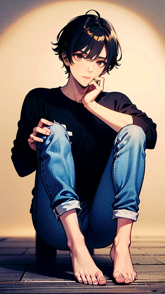 The person is also generated vertically.Background is a little horror.Create a highly detailed image of a mysterious and thoughtful young man in a crouched position. The character should have spiky black hair, large expressive eyes with dark circles, and a pale complexion. He is dressed in a loose-fitting white long-sleeve shirt and dark blue jeans. His pose is distinctive, with one hand near his mouth and the other resting on the ground for balance, and he is barefoot. 