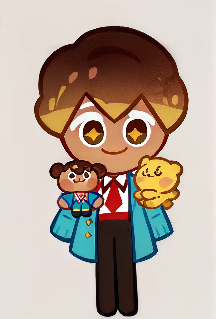 chibi, full body, CookieRun, 1 boy, brown eyes, cute eyes, yellow star pupils, :3, short hair, brown hair, blue cardigan, white shirt, red tie, black trousers, smile