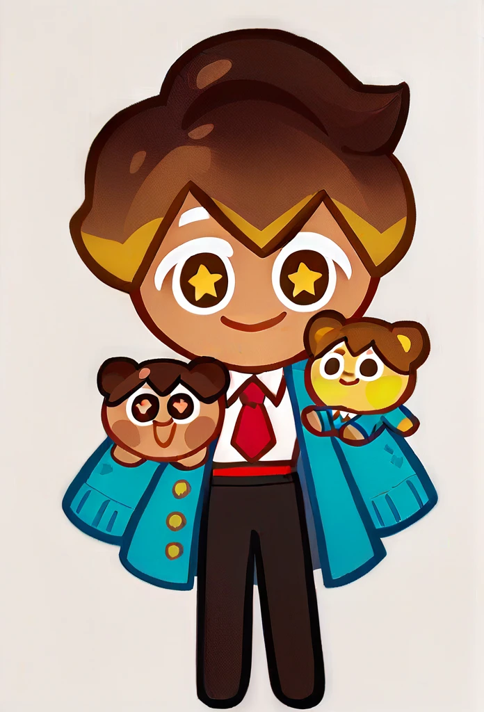 chibi, full body, CookieRun, 1 boy, brown eyes, cute eyes, yellow star pupils, :3, short hair, brown hair, blue cardigan, white shirt, red tie, black trousers, smile