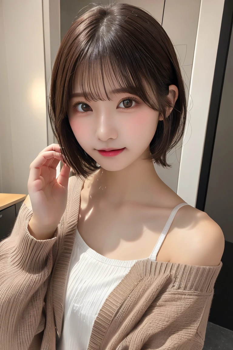 Highest quality、（beautiful）、Precision Eyes、Fine skin、Brown eyes、22-year-old female、Brown Hair、looking at the camera、Gal、Semi-short hair、Long sleeve cardigan、Selfie、Precision Hands、camisole、Open your mouth、Off the shoulder