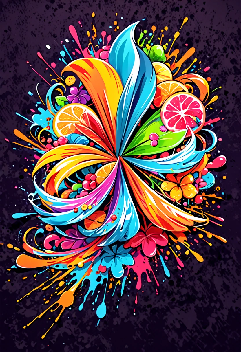 T-shirt designs, with vector art, Colorful fruit illustration , At the center, swirly vibrant colors，graffiti art，ink spatter，UHD quality, details in 16k, Wild and unbridled，paint splash painting，rich and colorful，visual impact,modern aesthetic,Elegant and simple, t-shirt designs, hawaii island background