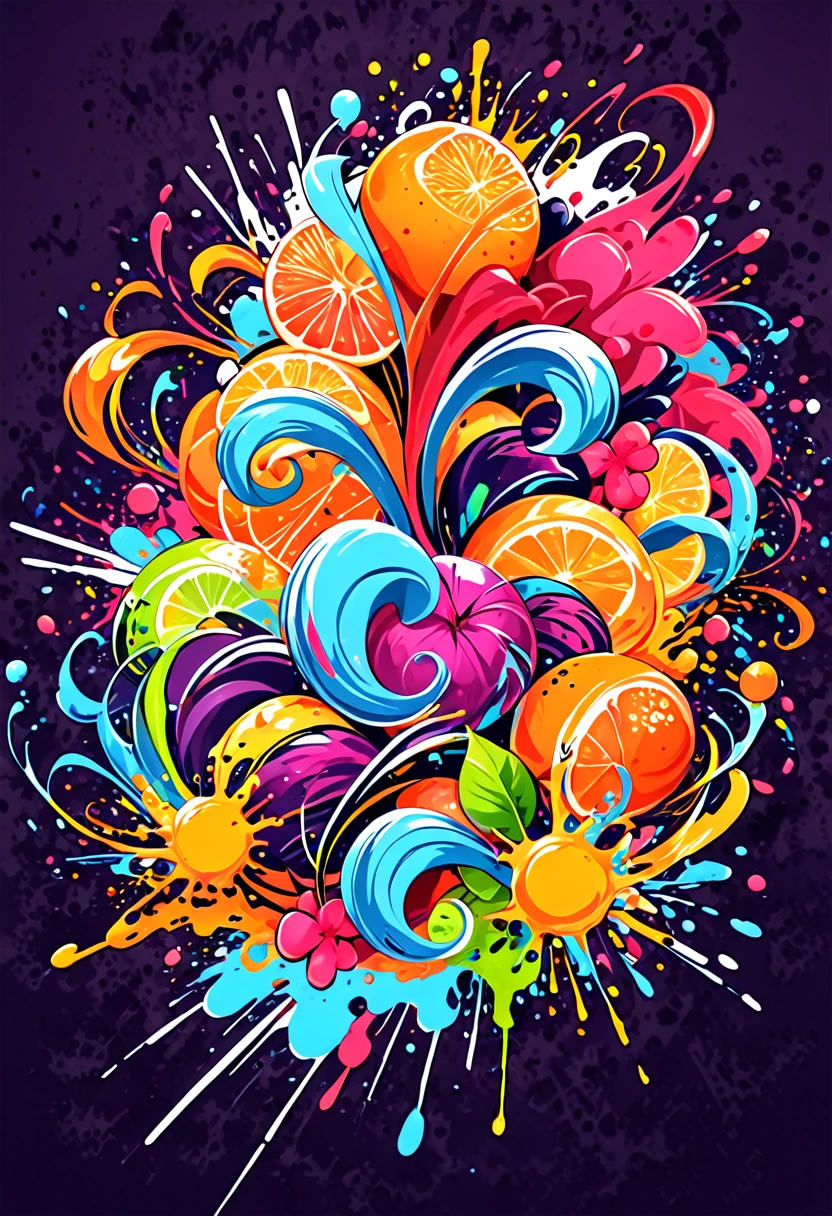 T-shirt designs, with vector art, Colorful fruit illustration , At the center, swirly vibrant colors,graffiti art,ink spatter,UHD quality, details in 16k, Wild and unbridled,paint splash painting,rich and colorful,visual impact,modern aesthetic,Elegant and simple, t-shirt designs, hawaii island background
