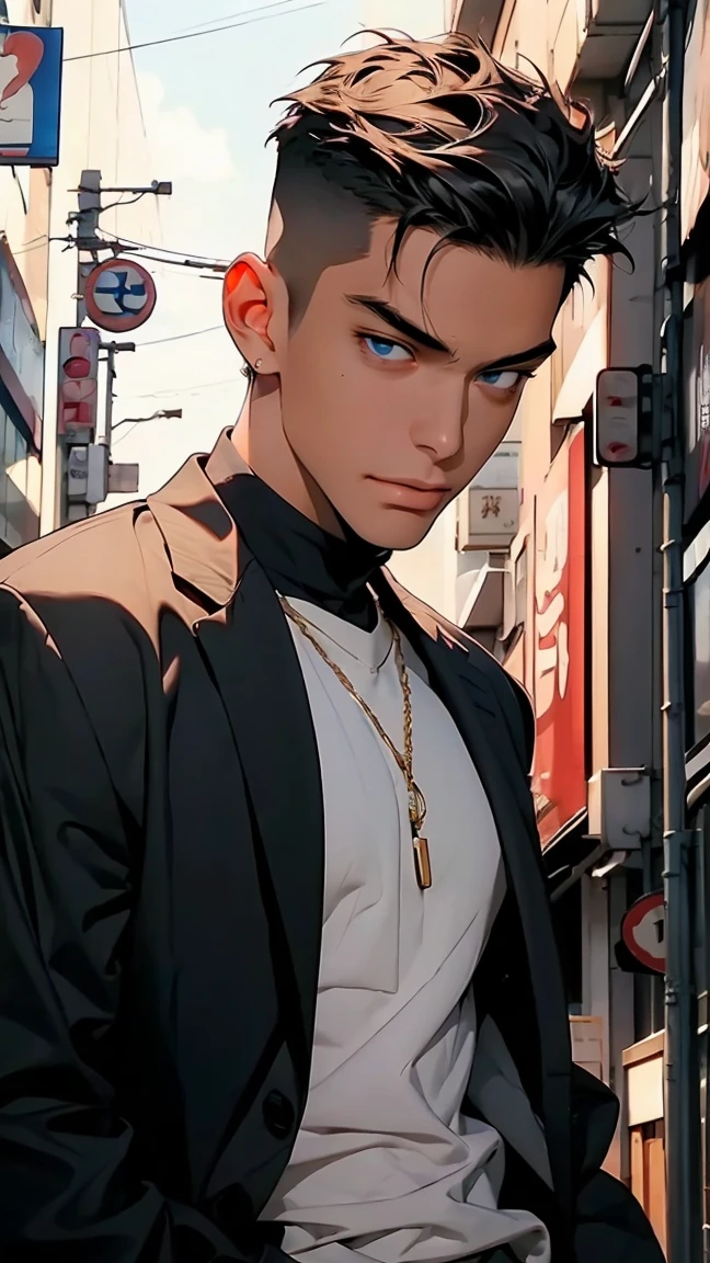 highest quality, 8K, high resolution image, anime style Jujutsu Kaisen, detailed strokes, slightly tanned skin, blurry, purple light reflecting from it, (close angle), 1 man, young, male, model, cool guy, muscular, blue Eyes, brown very short hair, brown hair, short hair, hairstyle: undercut, hair slicked back, swollen chest, he is wearing a T-shirt under a suit jacket and sweatpants, hand in trouser pocket, gold link chain, background: city, Tokyo, business district