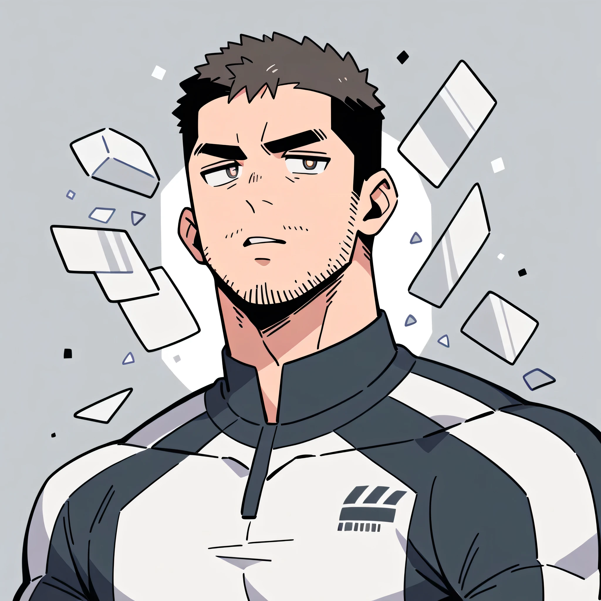 anime characters:Chris Redfield, Muscle Sports Student, Buzz Cut, Manliness, male focus, Dark black high collar long sleeve tight T-shirt, Slightly transparent material, Very tight, Round, full and perky chest muscles, muscular male, muscular, only, Upper body, alone, Black short hair, Thick eyebrows, stubble, Brown-red pupils, Grey background, simple background, amazing quality, best aesthetics, Ridiculous, crew cut, parted lips, v-shaped eyebrows, jitome, best quality