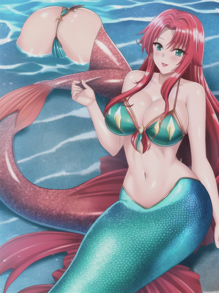 The mermaid was under in a fisherman's net, red lips, red hair, mermaid tail below waistline, eel mermaid tail,