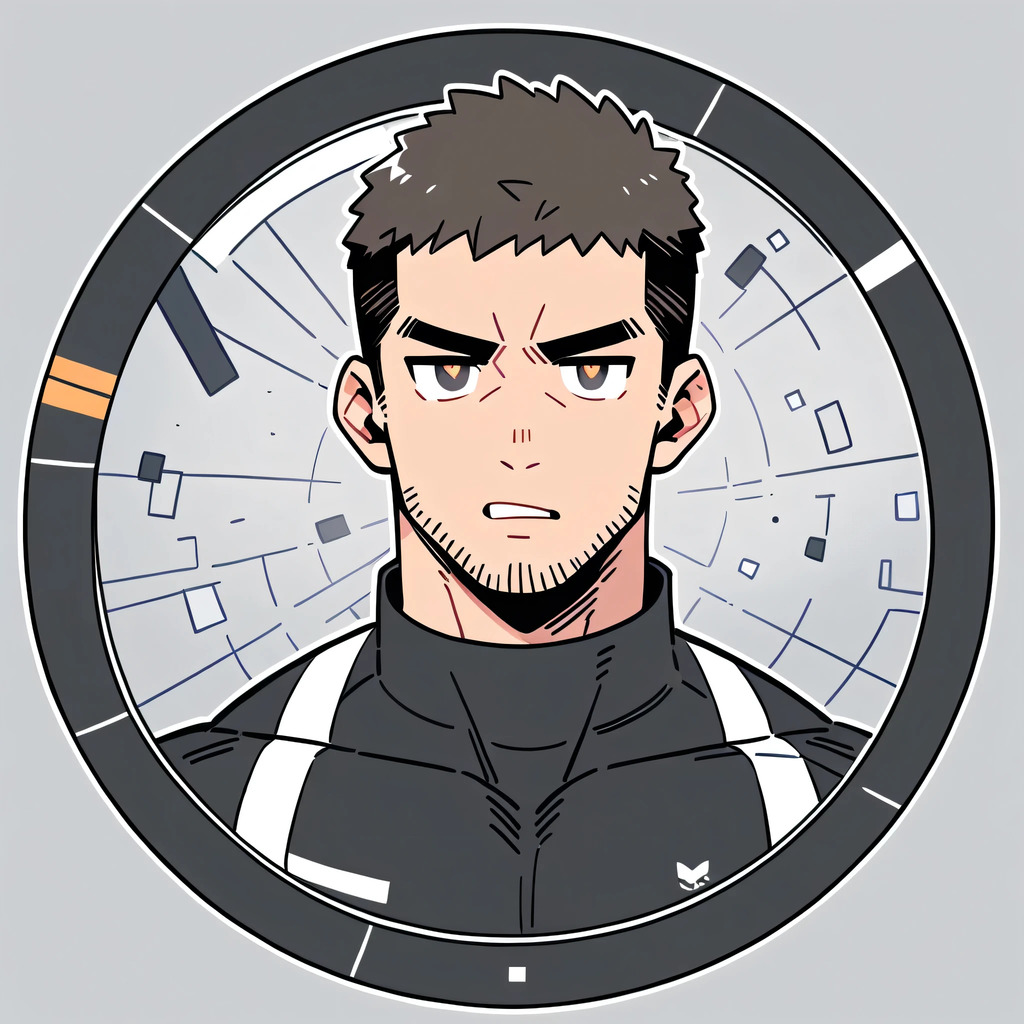 anime characters:Chris Redfield, Muscle Sports Student, Buzz Cut, Manliness, male focus, Dark black high collar long sleeve tight T-shirt, Slightly transparent material, Very tight, Round, full and perky chest muscles, muscular male, muscular, only, Upper body, alone, Black short hair, Thick eyebrows, stubble, Brown-red pupils, Grey background, simple background, amazing quality, best aesthetics, Ridiculous, crew cut, parted lips, v-shaped eyebrows, jitome, best quality