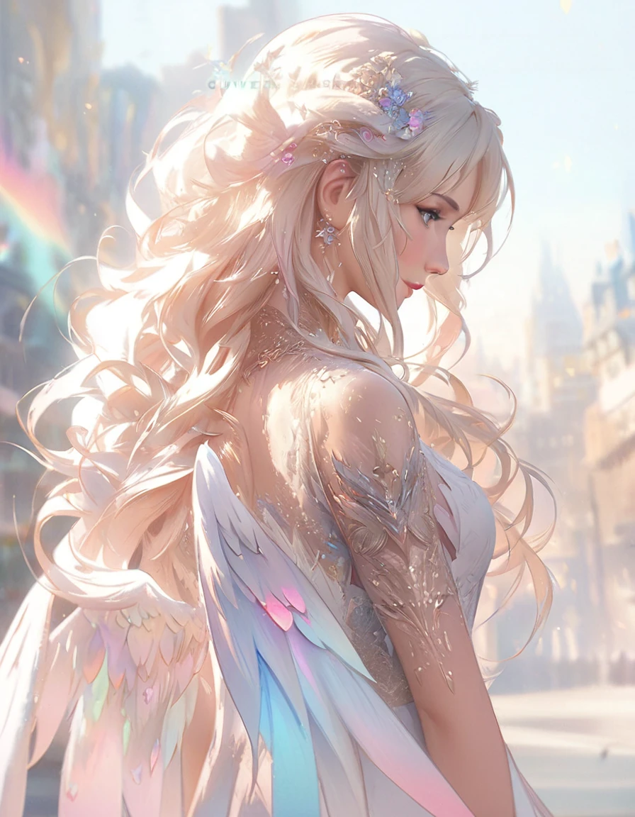 Anime girl with long blonde hair and wings in the city, Beautiful fantasy anime, Anime fantasy illustration, Detailed digital anime art, Anime fantasy artwork, 2. 5 d cgi Anime fantasy artwork, guweiz on pixiv artstation, Fantasy art style, Beautiful fantasy art, Lostrun 8k, 8k high quality detailed art, Beautiful and elegant elven queen