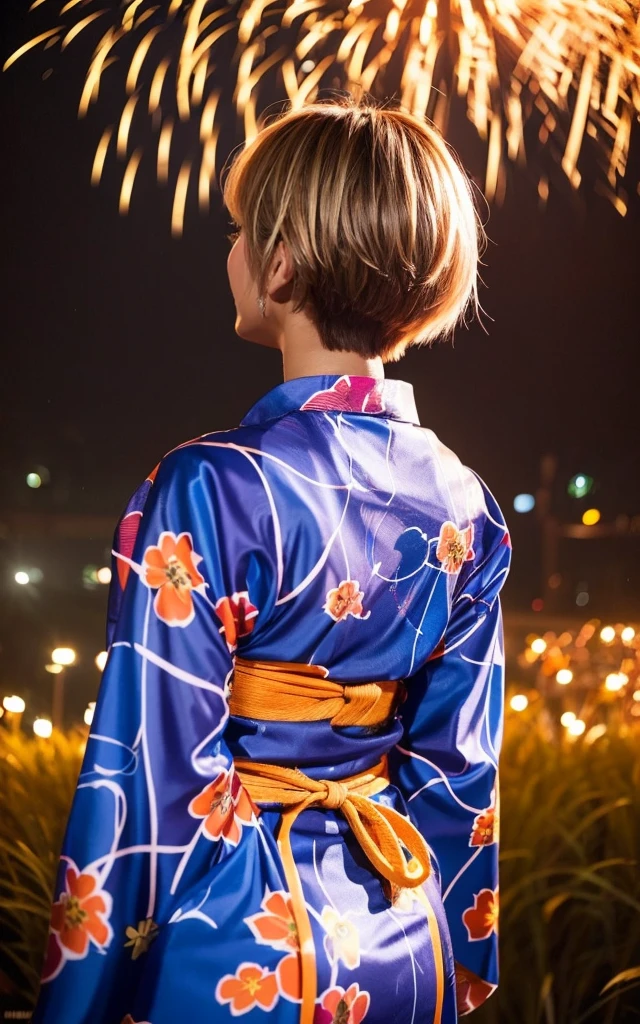 gyaru, dark-skinned, shiny oiled skin, blond hair, short cut hair, wearing vivid yukata, standing in crowd, dark-night, deep fog, orange lanthanum light, Fireworks Festival Venue, Fireworks in the background, cinematic lighting, from behind