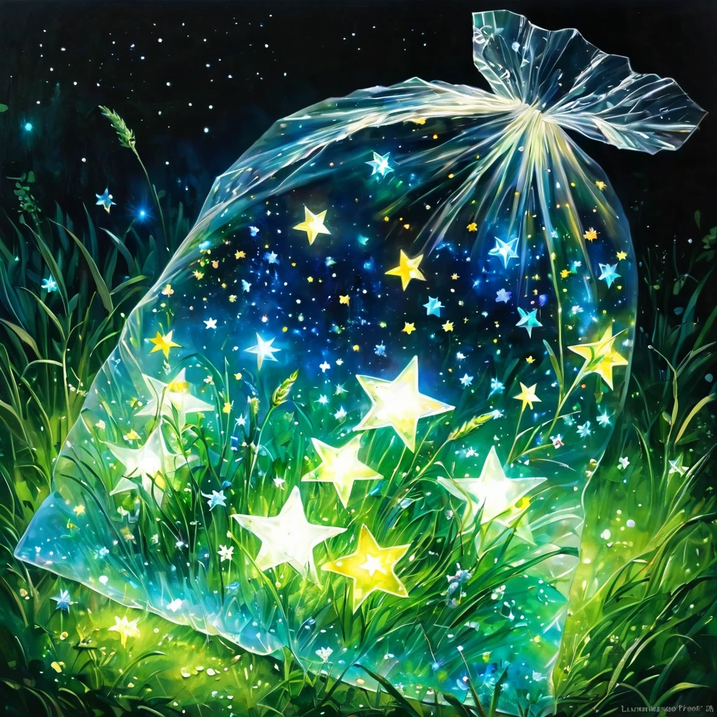 (masterpiece, best quality:1.2),On the grass,Stars in a plastic bag,Luminescence