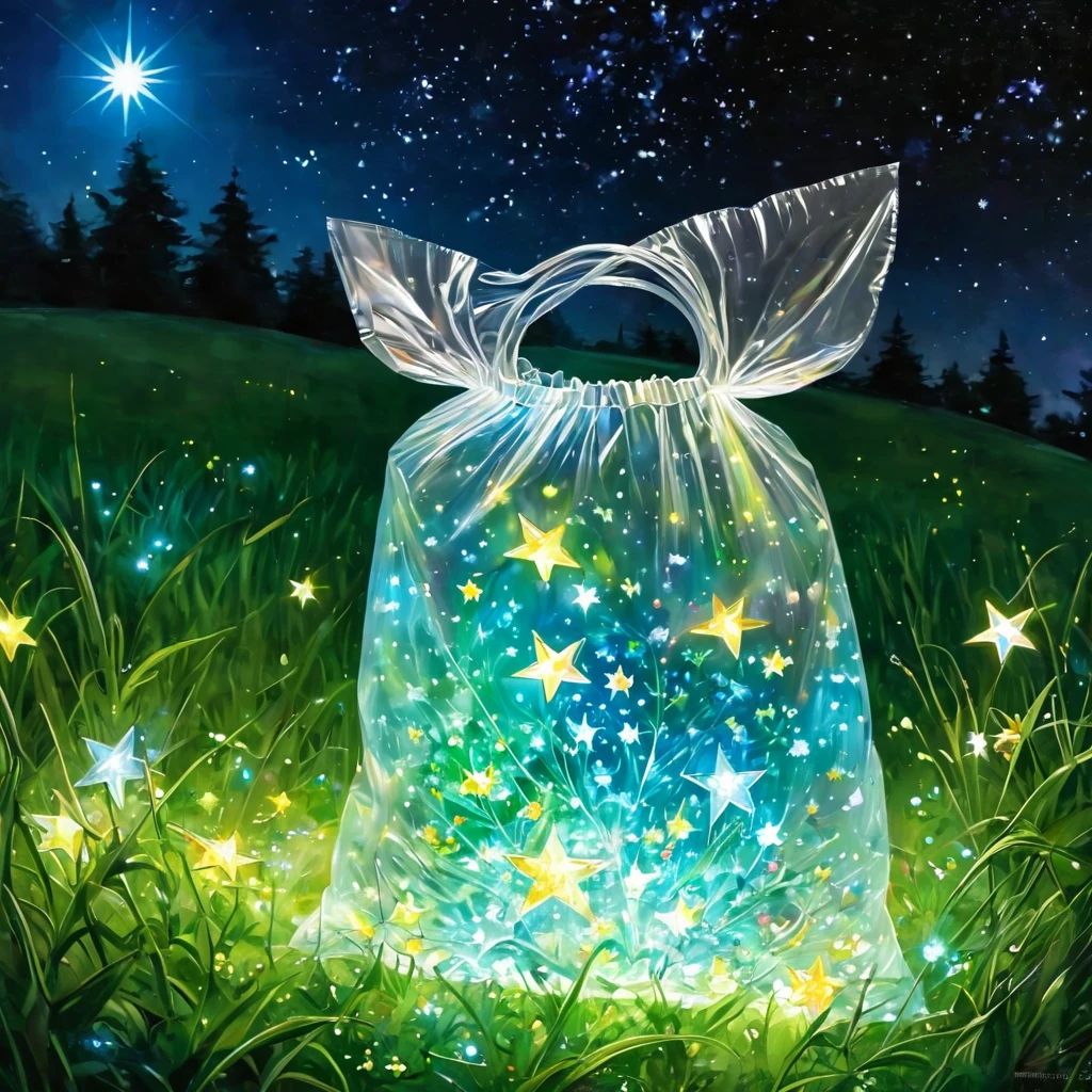 (masterpiece, best quality:1.2),On the grass,Stars in a plastic bag,Luminescence
