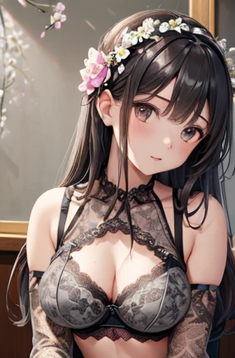 ((Highest quality)),(超High resolution),(Very detailed),(Detailed Description),((The best CG)),(A masterpiece),Ultra-detailed art,Amazing painting art,(Art with precise details:1.5), Portraiture:1.6,Bust Shot:1.4,(1 female:1.5),Beautiful and well-proportioned face:1.5,(Grey lace bra with flowers on the chest:1.5)、 Japanese、girl,thin、Small face、Brown eyes、expensive、 High resolution,Black Hair、Long Hair、classroom、Black long skirt、、Sitting at a desk、mature,Big Breasts