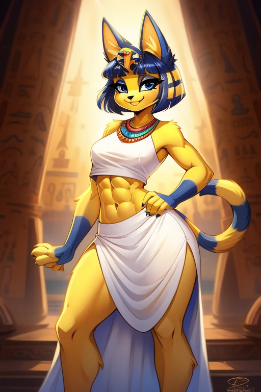 a sexy ankha with abs and a bare midriff wearing a crop top white dress with long white dress skirt, yellow cat, digital art, one cat tail, digital art, blue eyes, furry style, smiling, yellow and blue fur