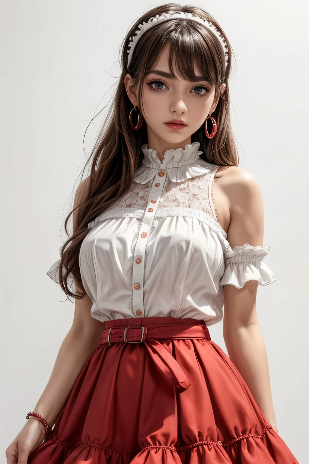 best quality,highly detailed,masterpiece,ultra-detailed,solo,(Delicate eyes),(white background:1.3),red eyes,standing,beltskirt,[trench coat:20],jewelry, mole_under_eye, looking_at_viewer, frilled_hairband,earrings, nsfw