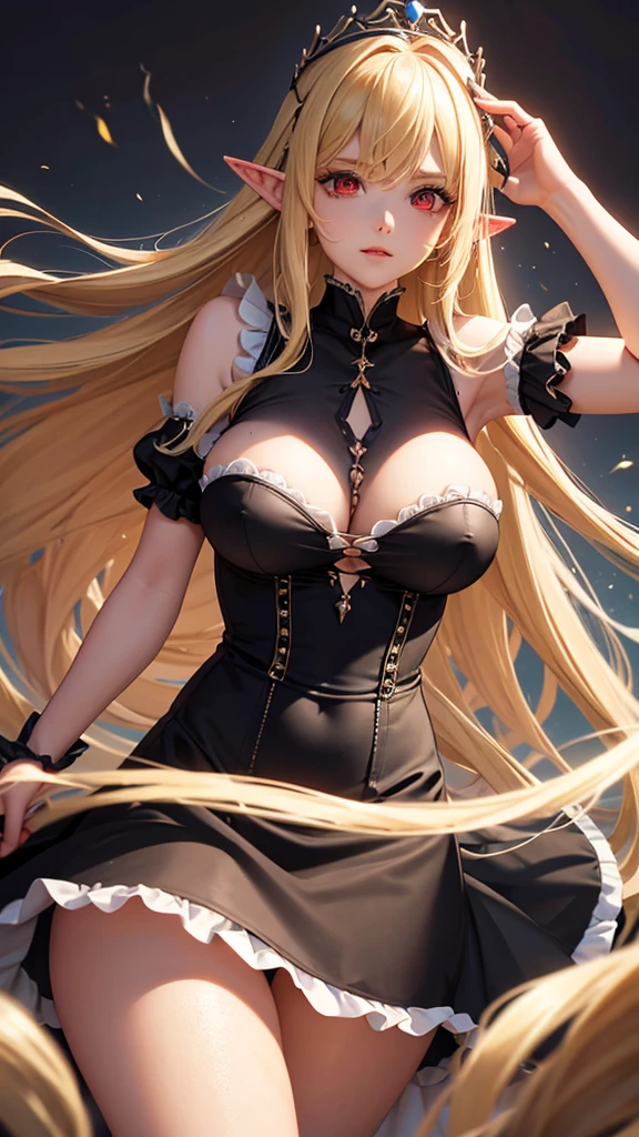 Queen elf woman, wears a short fitted black maid outfit, has long messy shaggy blonde hair, It has red eyes, has a big breast.