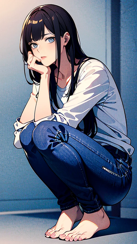 The person is also generated vertically.Background is a little horror.Create a highly detailed image of a mysterious and thoughtful young man in a crouched position. The character should have spiky black hair, large expressive eyes with dark circles, and a pale complexion. He is dressed in a loose-fitting white long-sleeve shirt and dark blue jeans. His pose is distinctive, with one hand near his mouth and the other resting on the ground for balance, and he is barefoot. 