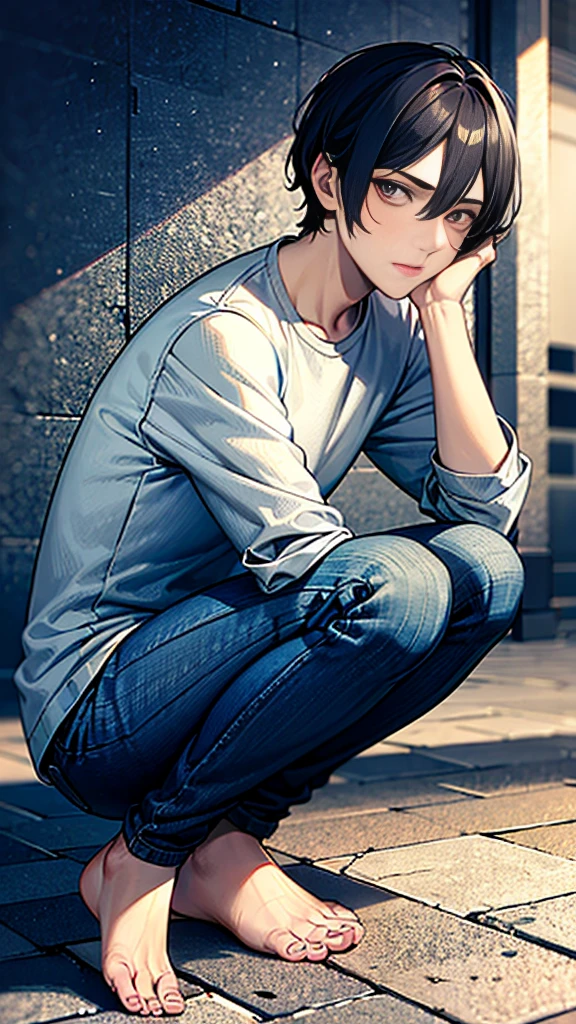 The person is also generated vertically.Background is a little horror.Create a highly detailed image of a mysterious and thoughtful young man in a crouched position. The character should have spiky black hair, large expressive eyes with dark circles, and a pale complexion. He is dressed in a loose-fitting white long-sleeve shirt and dark blue jeans. His pose is distinctive, with one hand near his mouth and the other resting on the ground for balance, and he is barefoot.