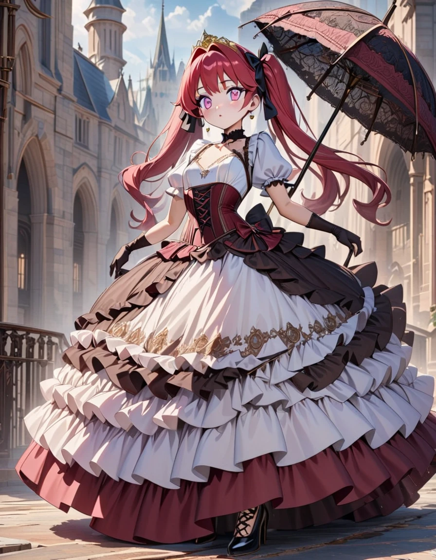 (best quality,4k,8k,highres,masterpiece:1.2),ultra-detailed, Pretty princess, drawn in anime style, is cute and joyful, long red pigtails hair, pink eyes, small breast, lipstick, makeup, pink eyeshadow, steampunk, red and white princess gown with puffy sleeves, Dominant shades of red, physically-based rendering,gorgeous dress design,flowing gown,elaborate lace details,rich textures,contrast stitching,delicate ribbon bows,floral accents,long maxi skirt,short sleeves,fitted waistline,lace-up back,luxurious fabrics,flawless silhouette, petticoat, bustle, corset, hair ribbons, white elbow gloves, ruby earrings and necklace, gold tiara, high heels, holding a lacy umbrella, walking in castle garden, beautiful sunny and cloudy sky.