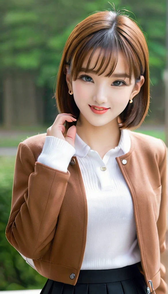 One girl, Ahoge, bangs, black skirt, black sweater, Blue Claws, Blurred, Blurred background, chest, Brown eyes, Brown Hair, brown Jacket, Mouth closed, Day included, Day, Depth of written boundary, Earrings, eyelash, Raise your hand, Tilt your head, Jacket, jewelry, Long Hair, Long sleeve, View Viewer, medium chest, Manicure, Open clothes, open Jacket, Outdoor, Pursed lips, Tucked in shirt, Side Lock, skirt, Sleeves are longer than the wrist, alone, sweater, Upper Body, zipper, smile, ((masterpiece)), 